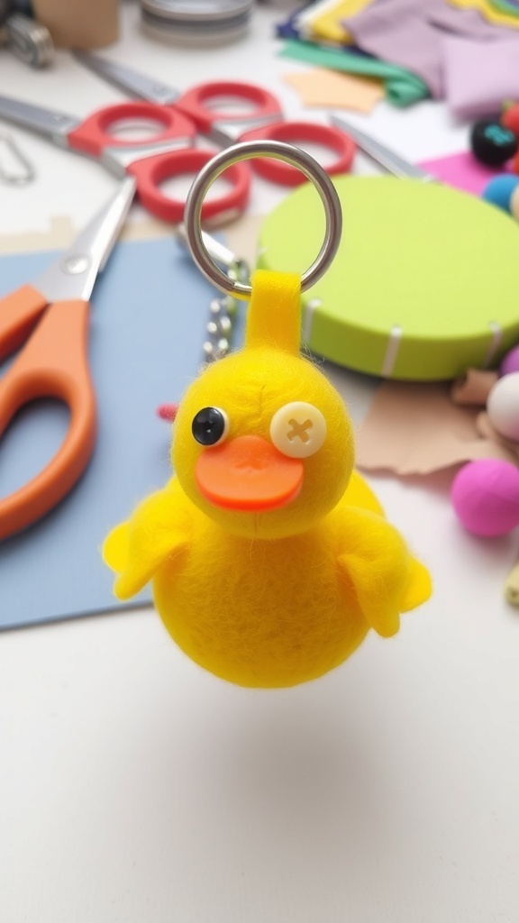 A vibrant duck keychain made of felt, showcasing its cute features and attached to a keyring.